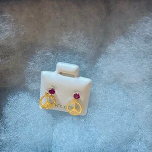 Gold Peace Symbol Earrings with July Birthstone Ruby Accents